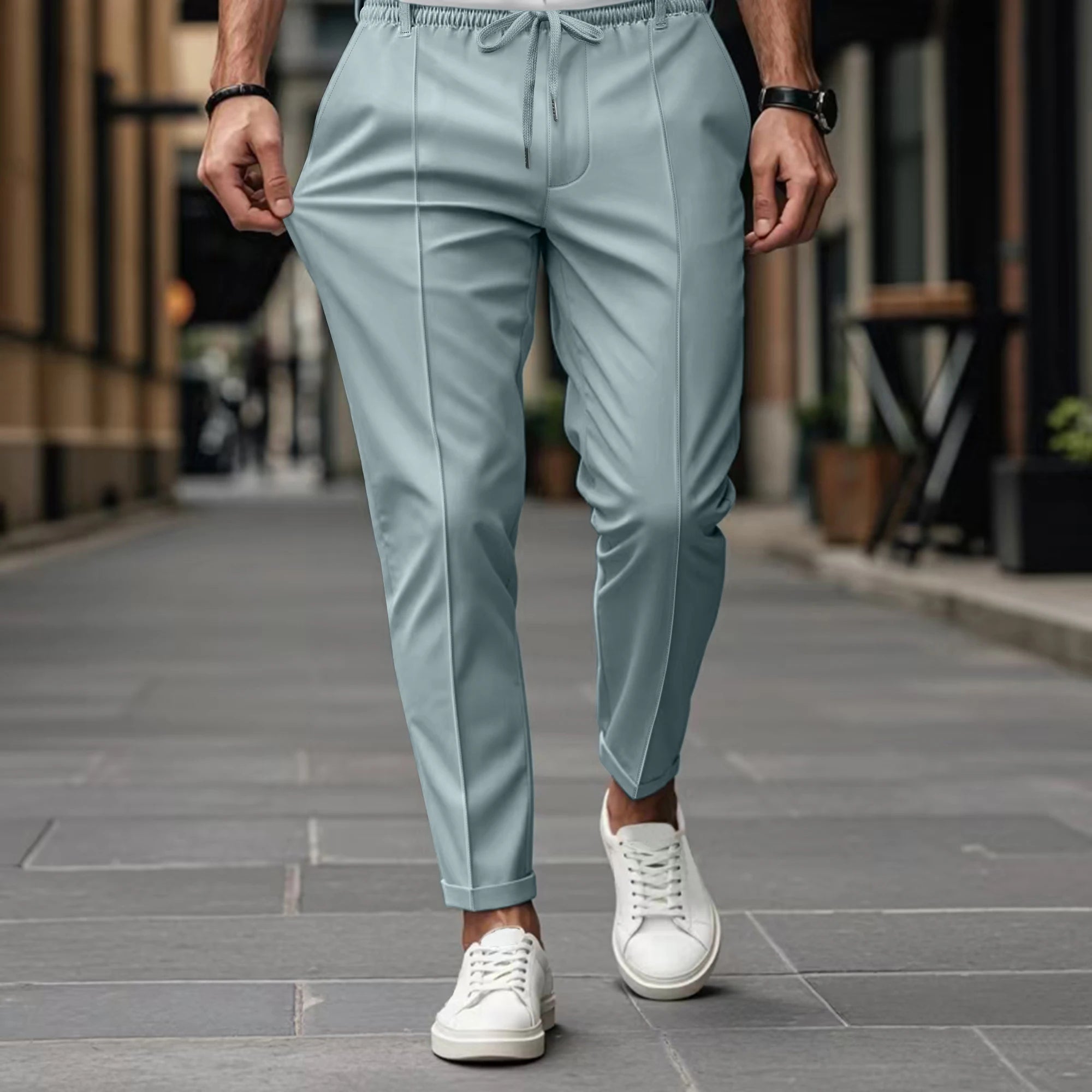 Chino Trousers Cotton Slim Fit Drawstring Waist Tapered Leg