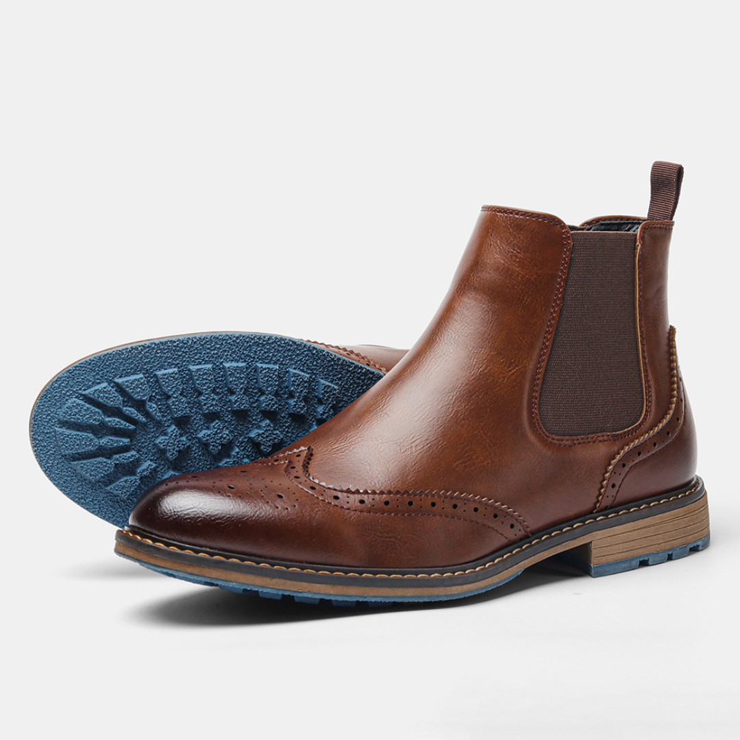 Men's Brogue Chelsea Boots with Elastic Side Panels and Round Toe
