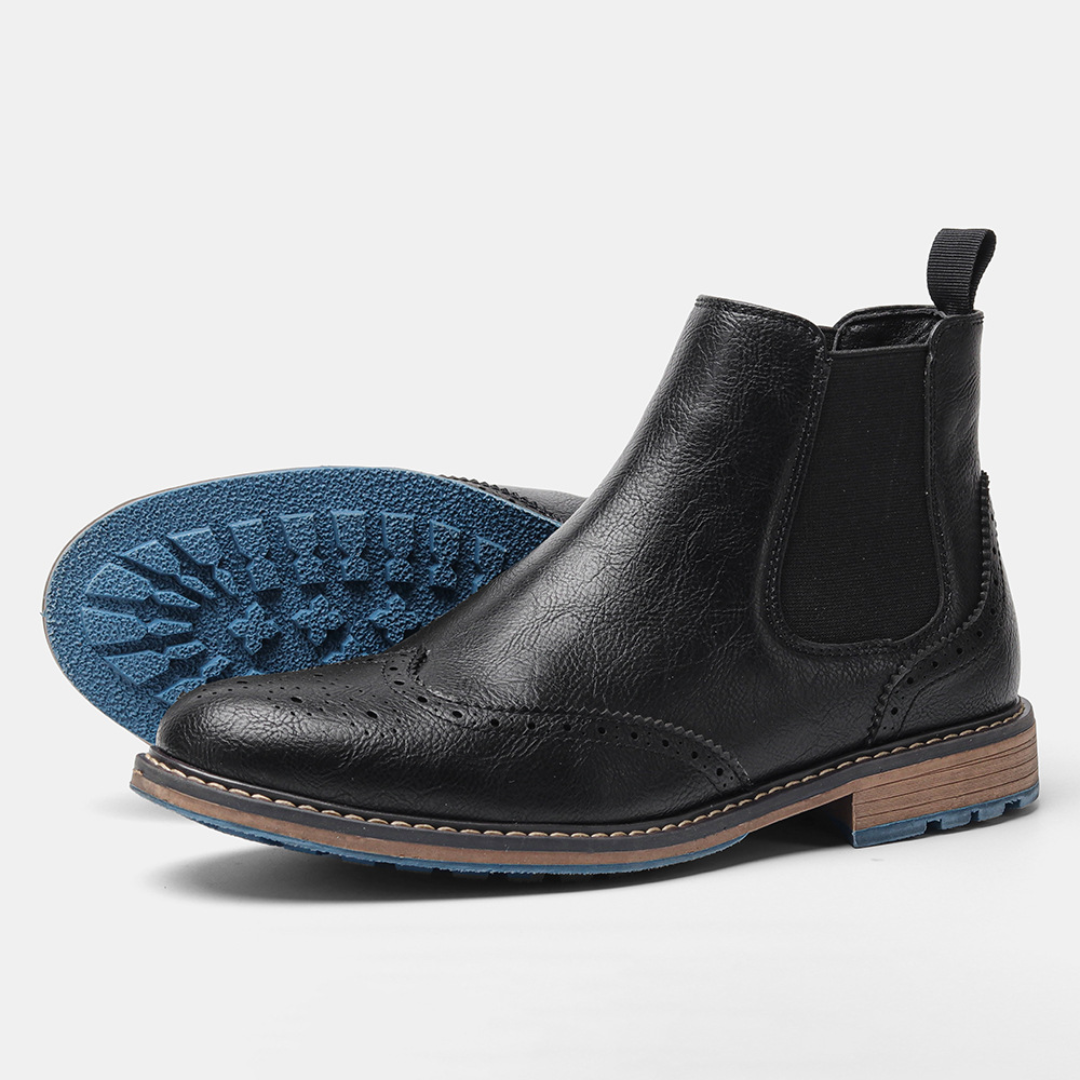 Men's Brogue Chelsea Boots with Elastic Side Panels and Round Toe