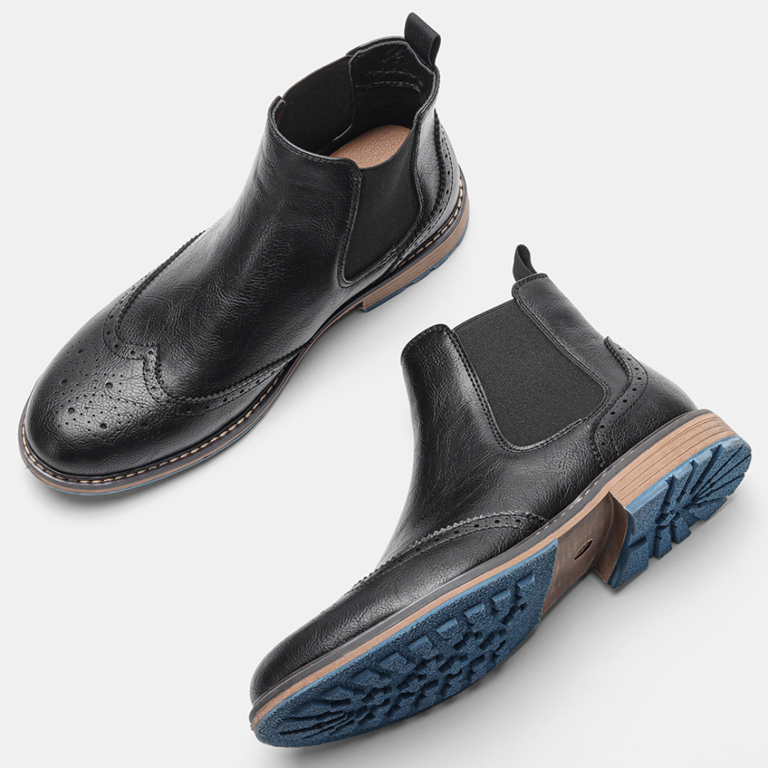 Men's Brogue Chelsea Boots with Elastic Side Panels and Round Toe