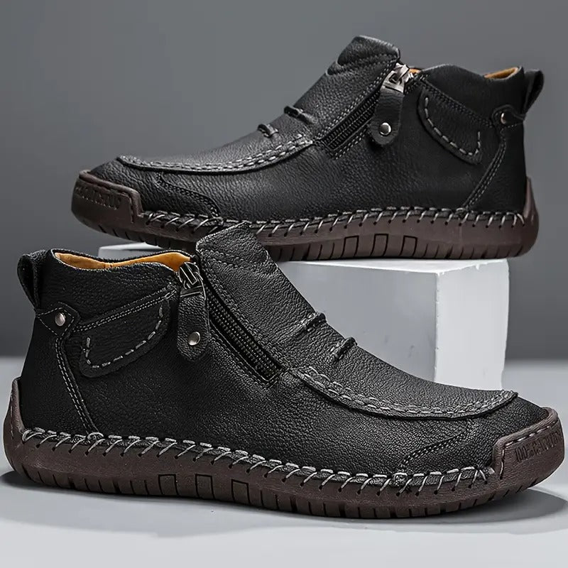 Men's Side Zip Ankle Boots with Padded Collar and Visible Stitch Detailing