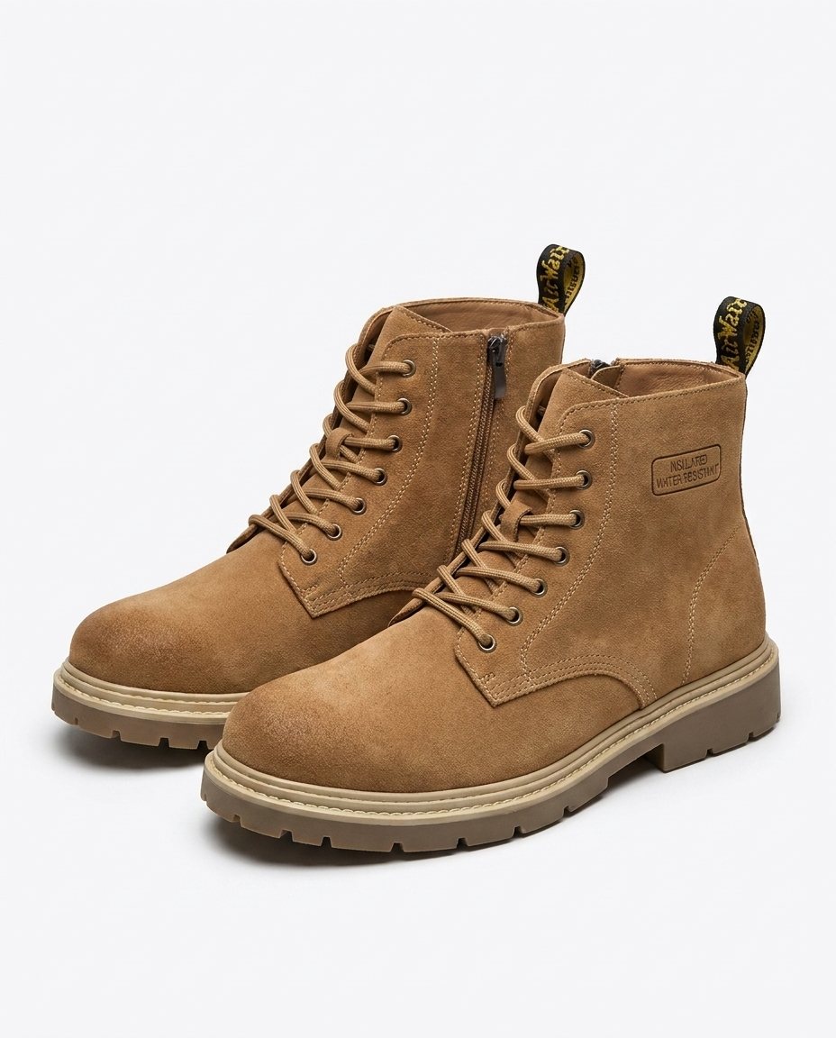 Men's Lace-Up Ankle Boots with Side Zip Fastening and Cleated Sole