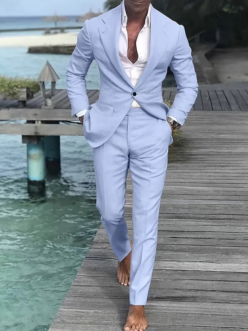 Slim Fit Suit Set Men Woven Fabric Notch Lapel Blazer Coordinated Trouser Smart Casual