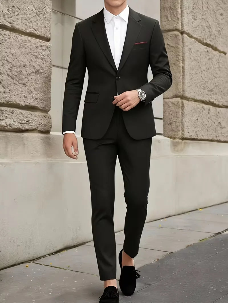Slim Fit Suit Set Men Woven Fabric Notch Lapel Chest Pocket Straight Leg Ankle Length