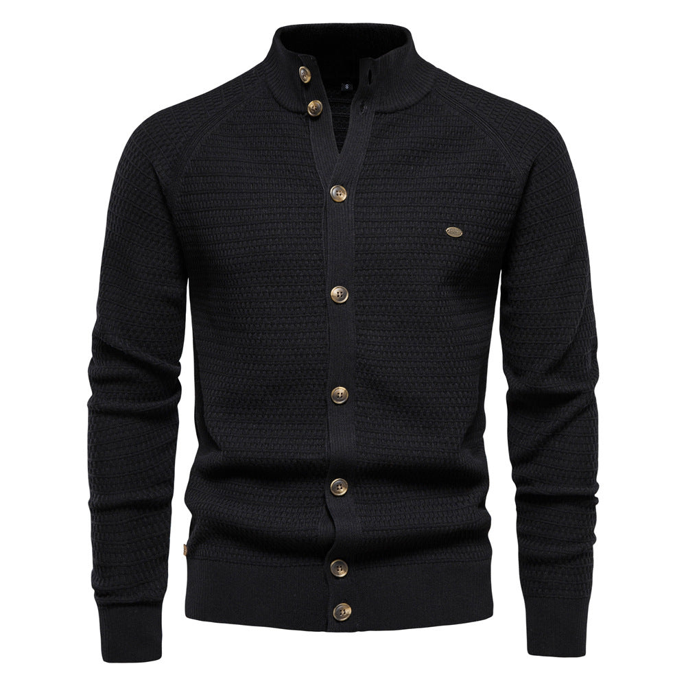 Men's Stand Collar Cardigan Textured Knit with Button Front