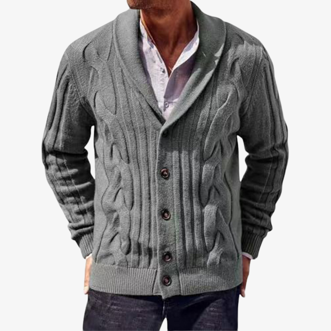 Men's Cable Knit Shawl Collar Cardigan with Button Fastening