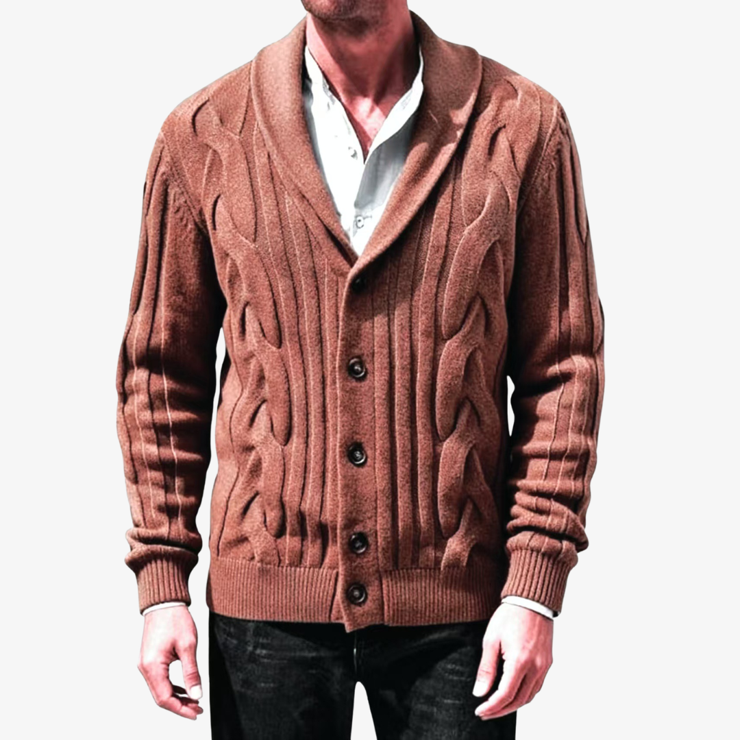 Men's Cable Knit Shawl Collar Cardigan with Button Fastening