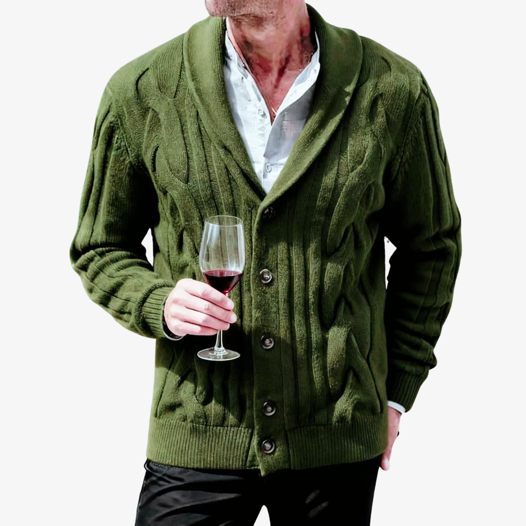 Men's Cable Knit Shawl Collar Cardigan with Button Fastening