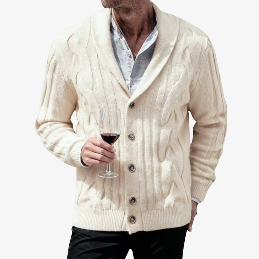 Men's Cable Knit Shawl Collar Cardigan with Button Fastening