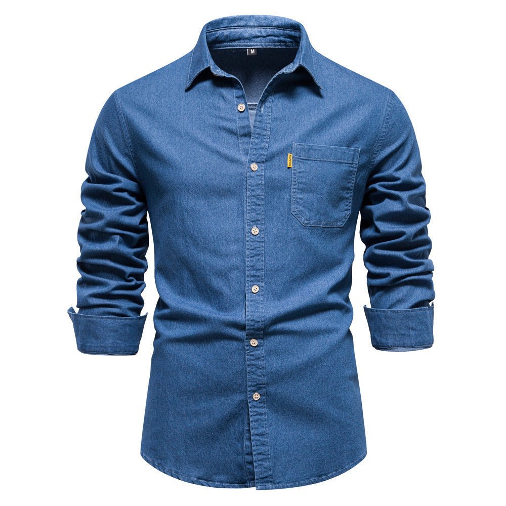 Menâs Casual Long-Sleeved Shirt with Classic Collar and Chest Pocket