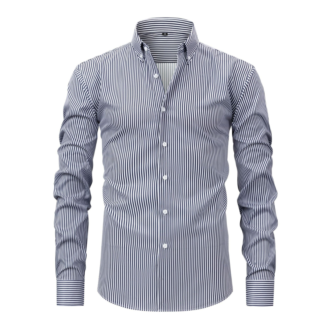 Men's Striped Long Sleeve Shirt with Pointed Collar and Button Cuffs