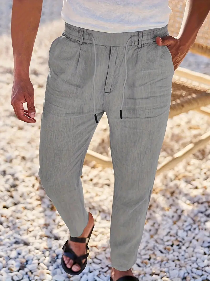 Trousers Linen Straight Fit Elasticated Drawstring Waist