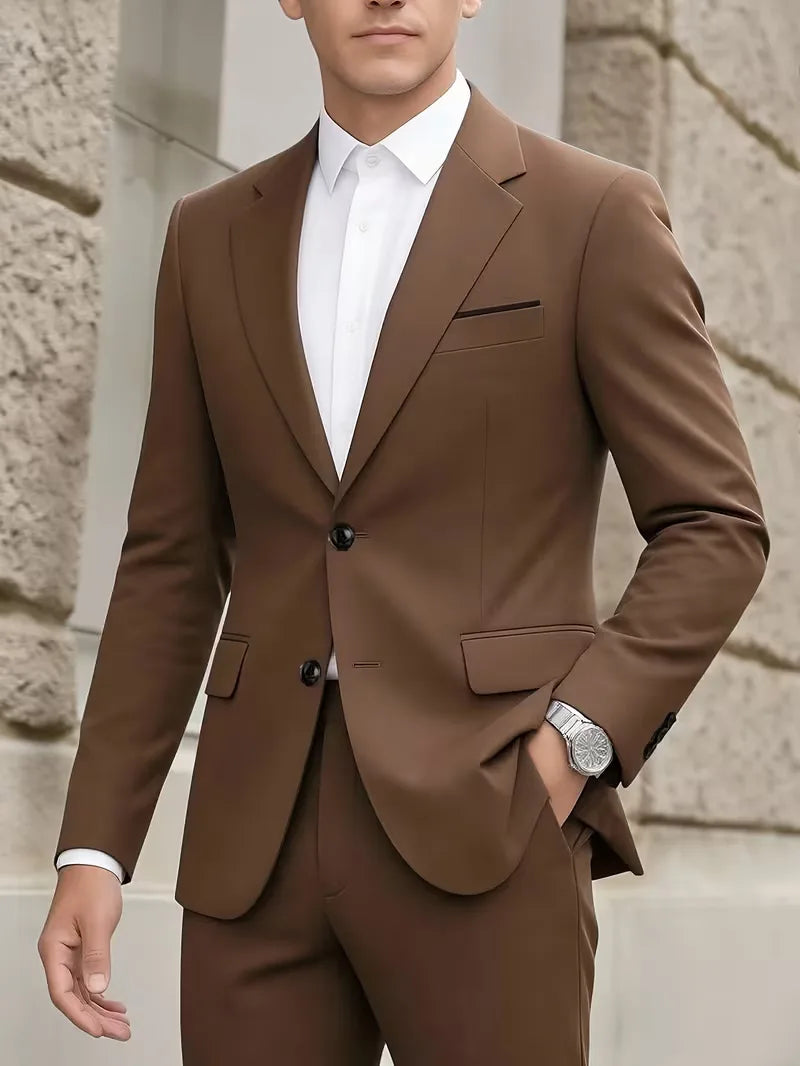 Slim Fit Suit Set Men Woven Fabric Notch Lapel Chest Pocket Straight Leg Ankle Length