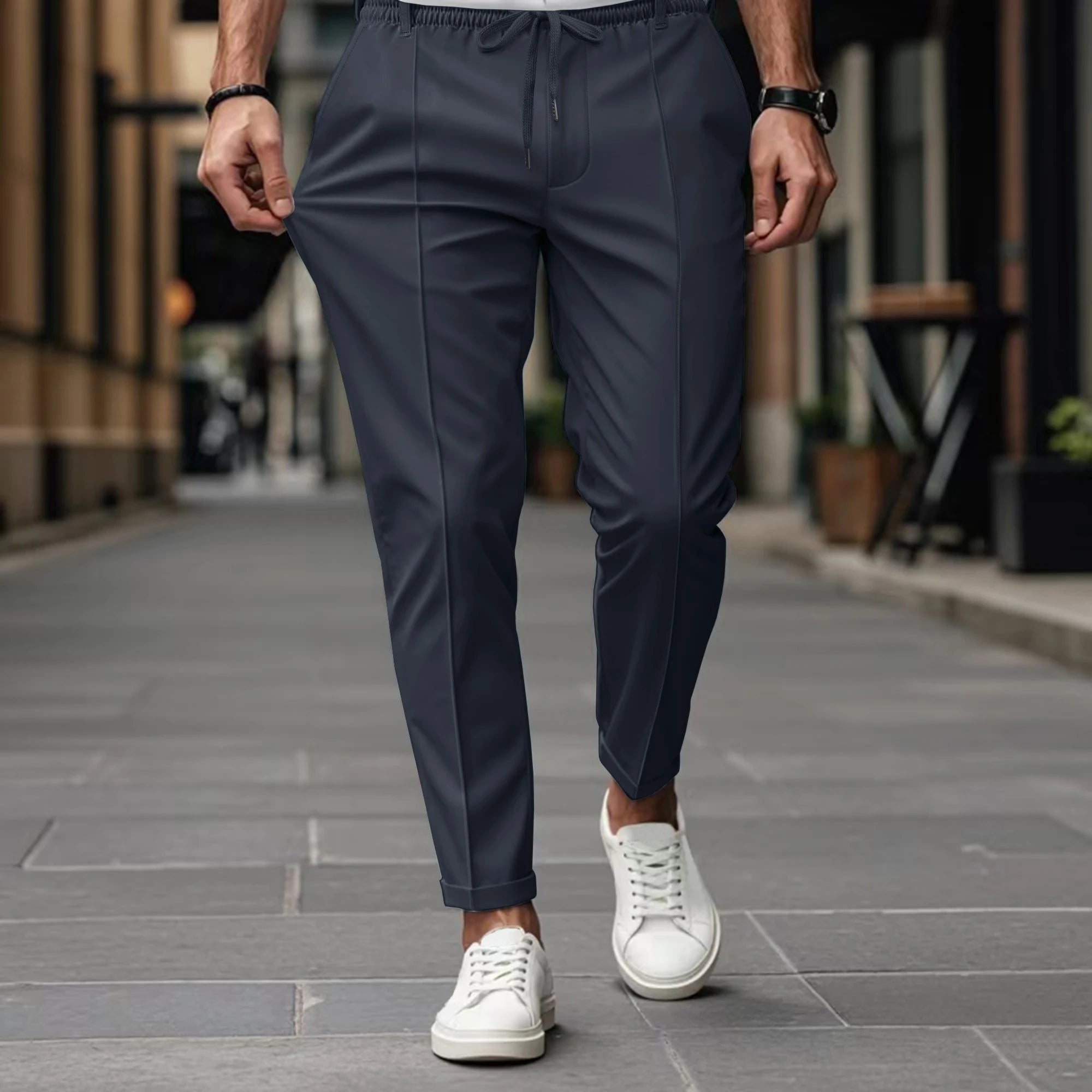 Chino Trousers Cotton Slim Fit Drawstring Waist Tapered Leg