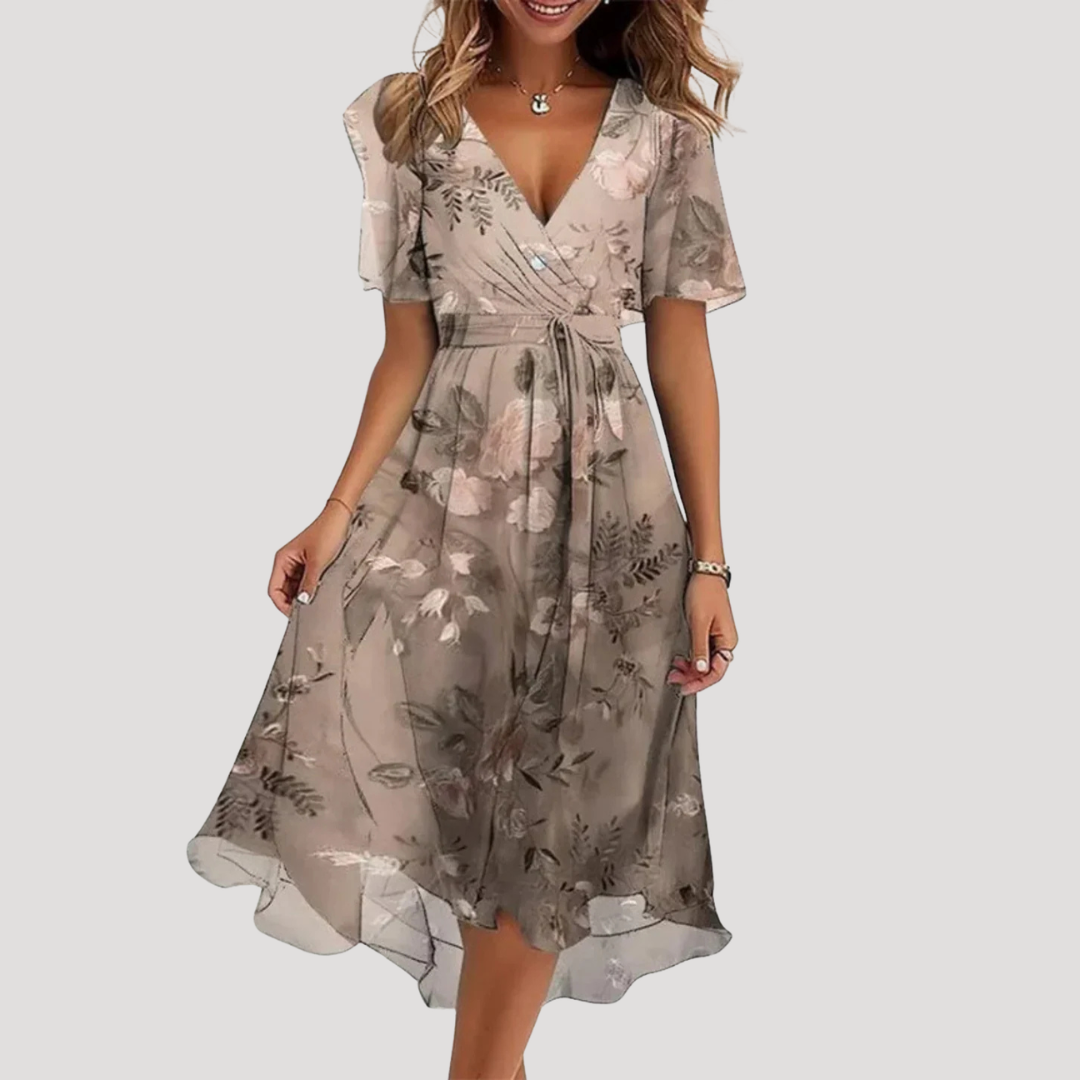 Floral Midi Dress Women V Neck Short Sleeve Wrap Summer Dress