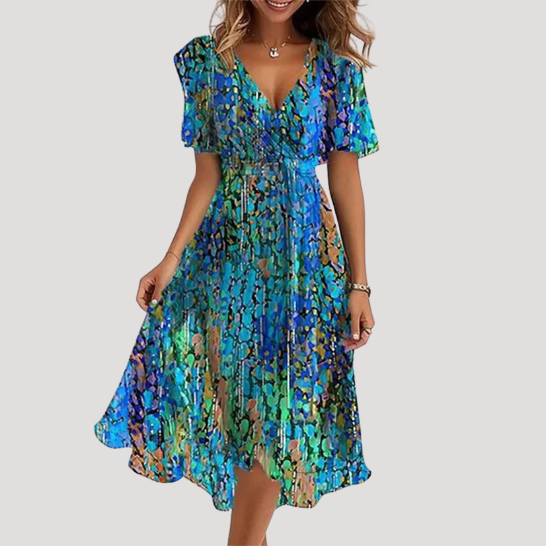 Floral Midi Dress Women V Neck Short Sleeve Wrap Summer Dress