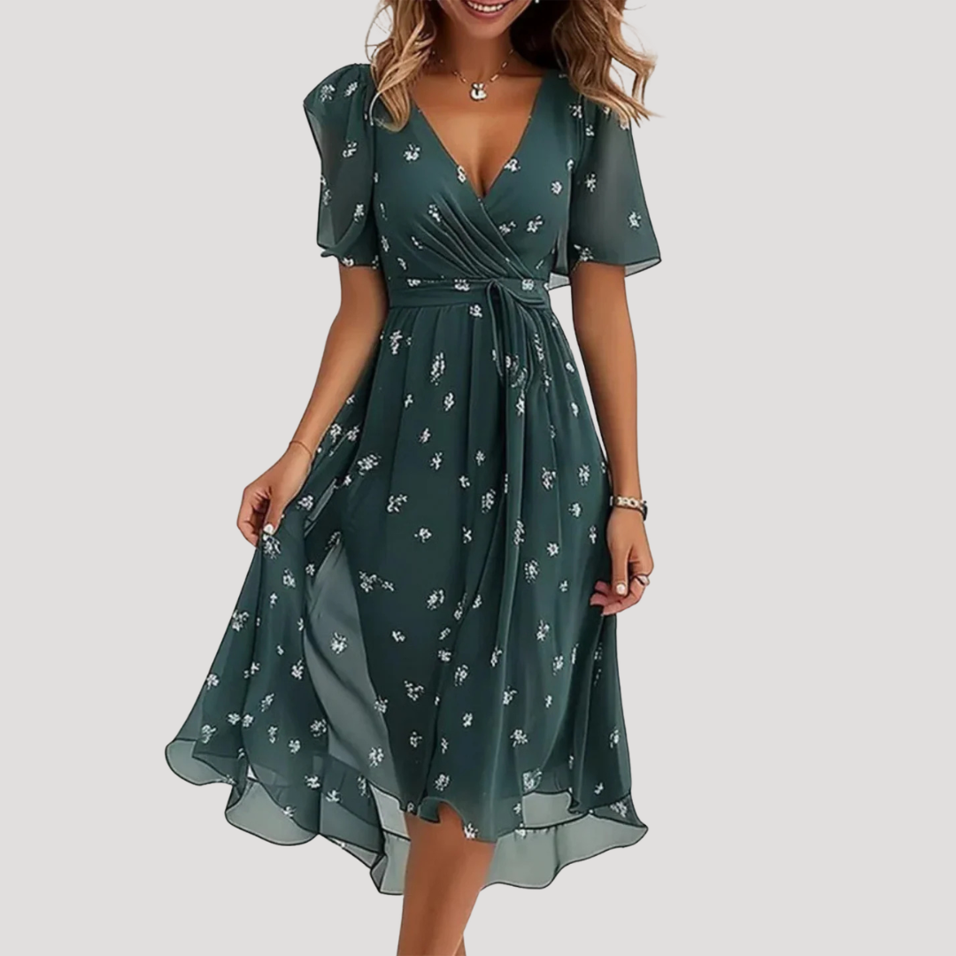Floral Midi Dress Women V Neck Short Sleeve Wrap Summer Dress