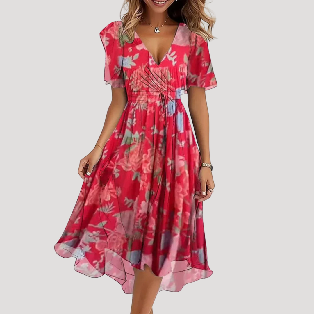 Floral Midi Dress Women V Neck Short Sleeve Wrap Summer Dress