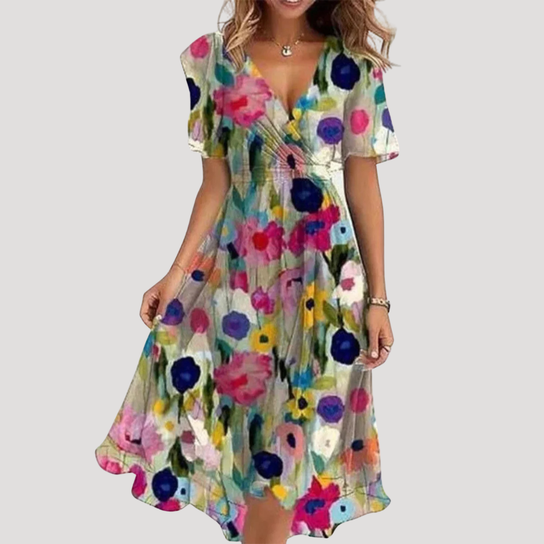 Floral Midi Dress Women V Neck Short Sleeve Wrap Summer Dress