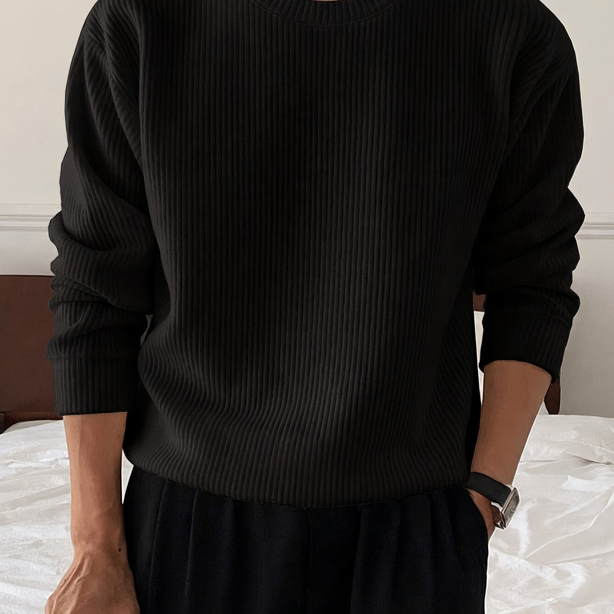 Men's Oversized Crew Neck Jumper Drop Shoulder Ribbed Knit Relaxed Fit