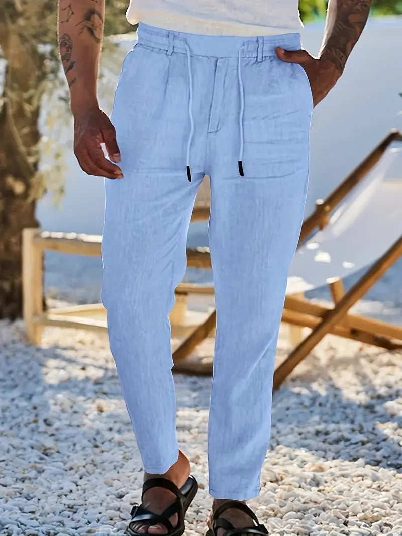 Trousers Linen Straight Fit Elasticated Drawstring Waist