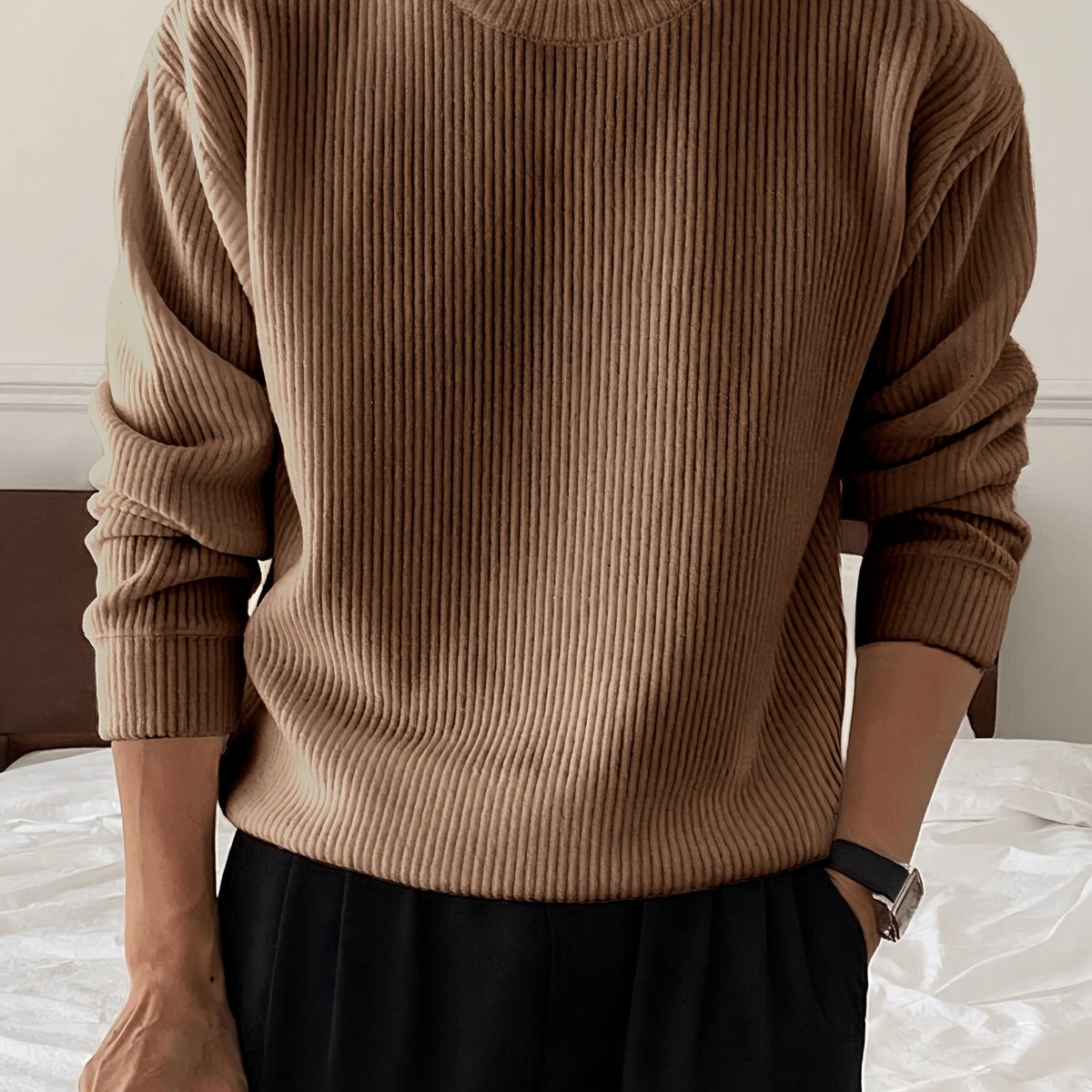 Men's Oversized Crew Neck Jumper Drop Shoulder Ribbed Knit Relaxed Fit