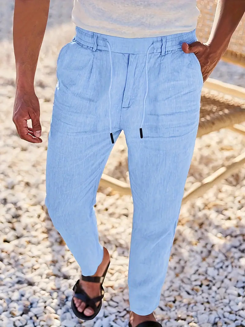 Trousers Linen Straight Fit Elasticated Drawstring Waist