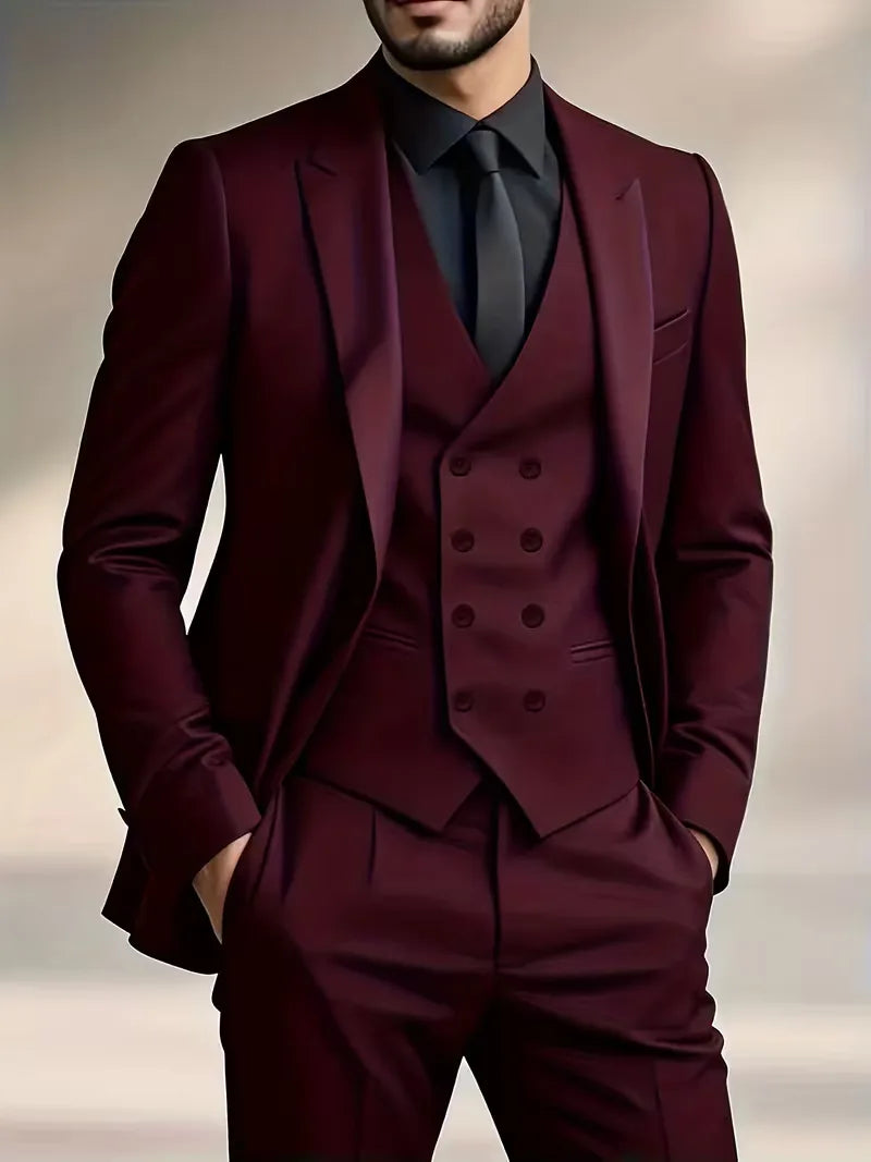 Three Piece Suit Set Men Woven Fabric Slim Fit Double Breasted Waistcoat Formal