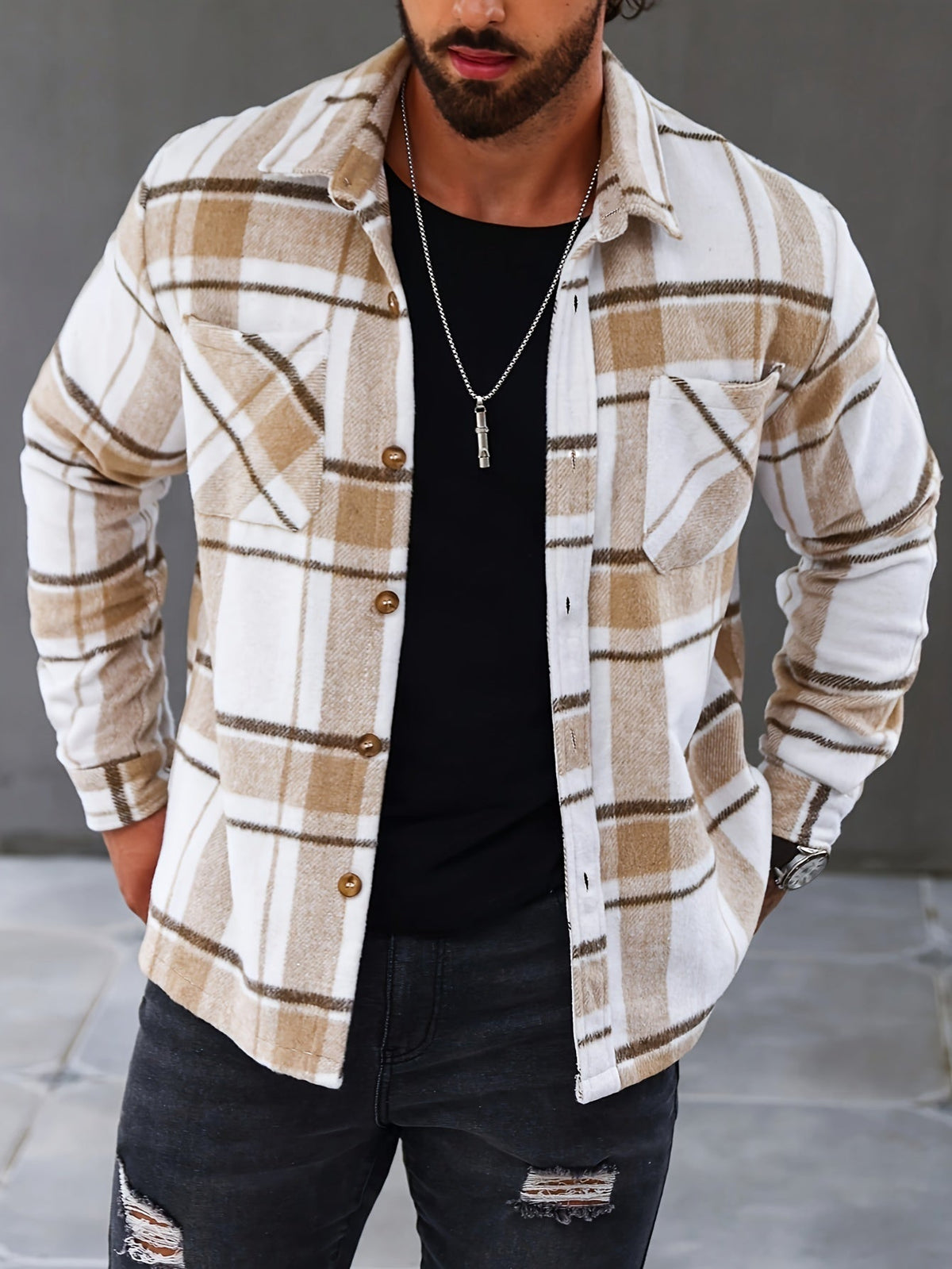 Men's Check Lapel Collar Button Front Cotton Polo