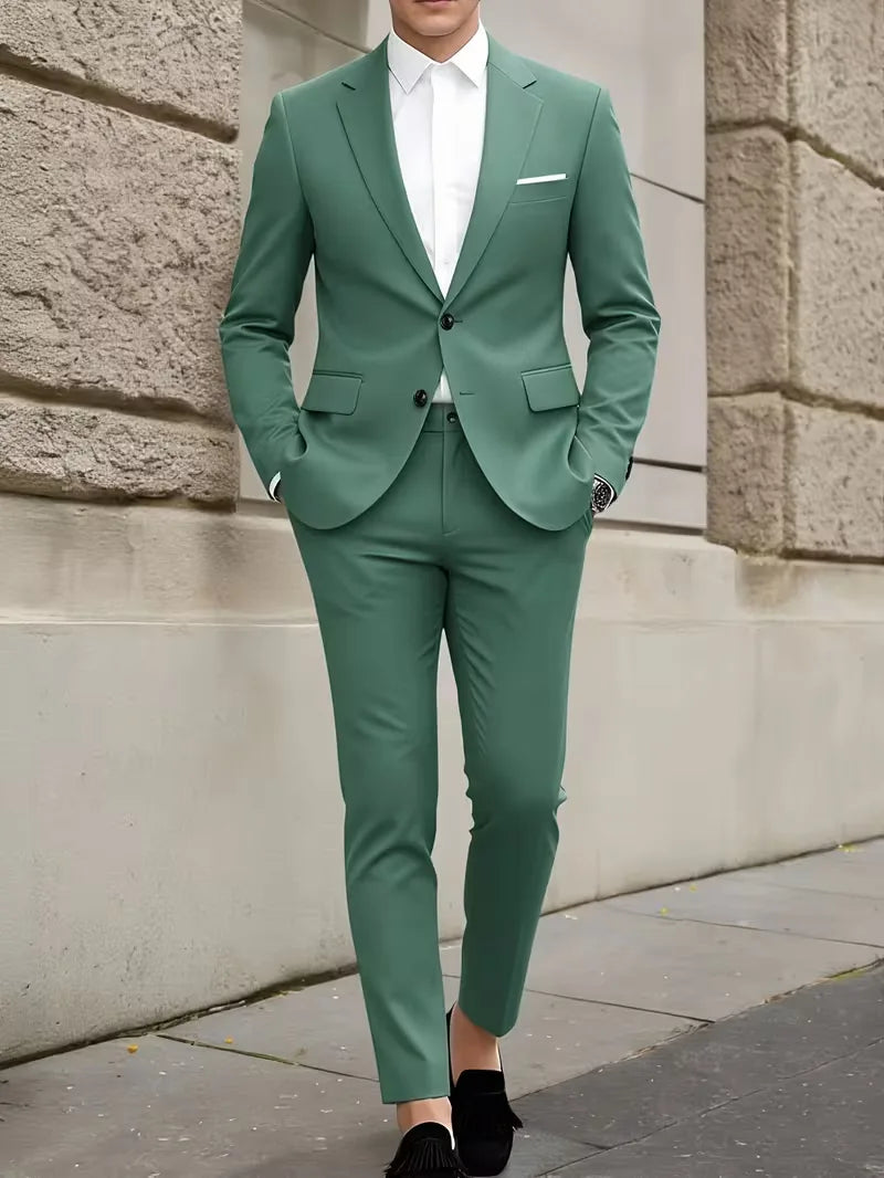 Slim Fit Suit Set Men Woven Fabric Notch Lapel Chest Pocket Straight Leg Ankle Length