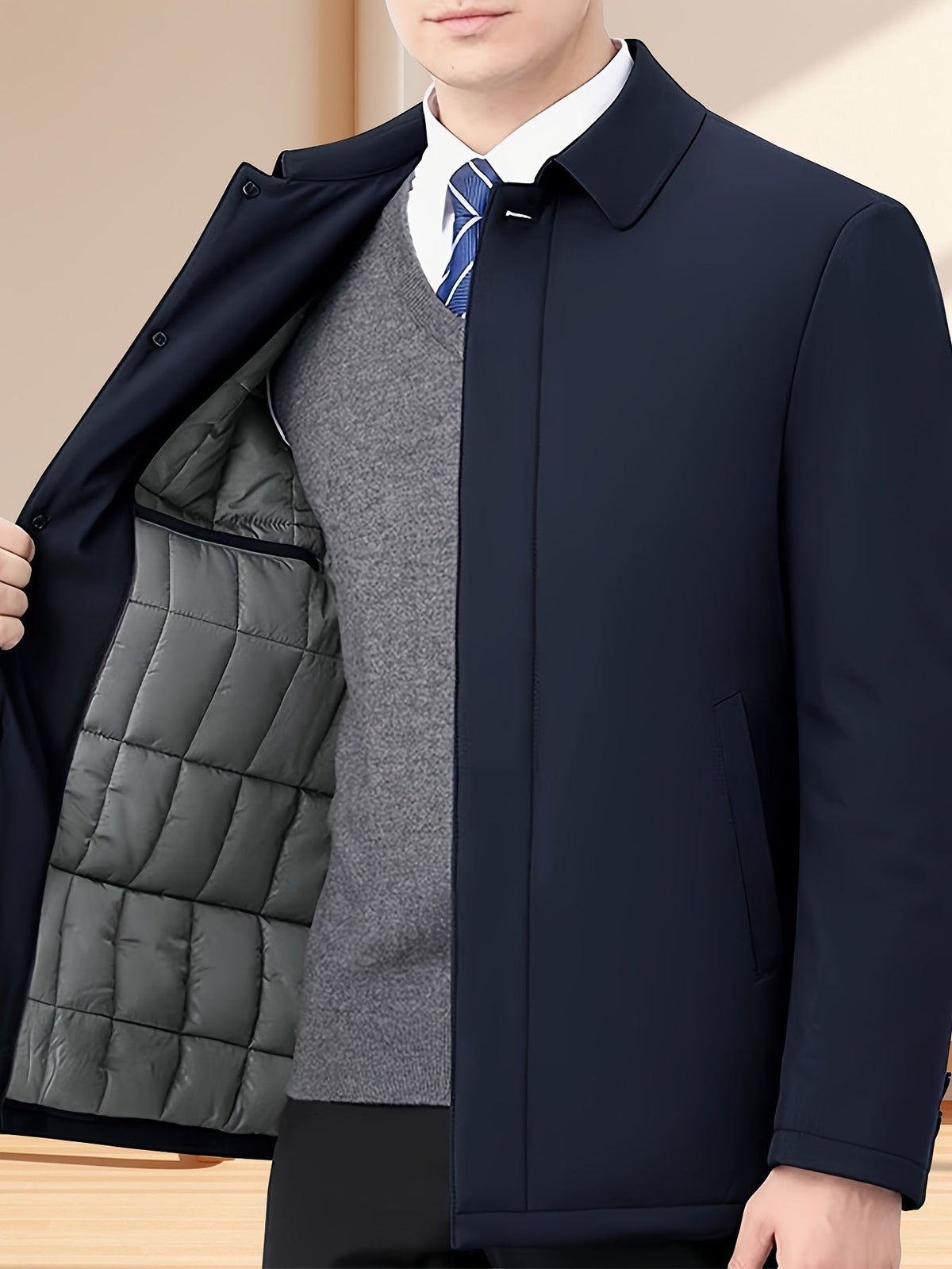 Men's Zip Up Jacket Notch Lapel Quilted Lined Classic Fit