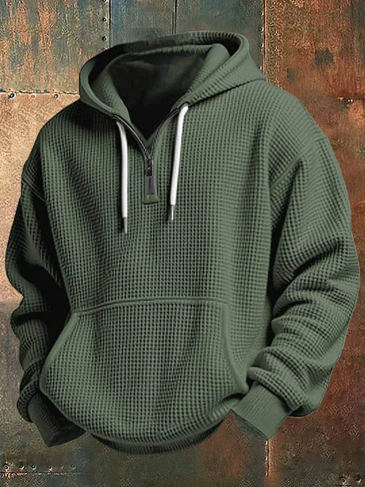 Men's Waffle Knit Quarter Zip Hoodie Kangaroo Pocket Drawstring Hood
