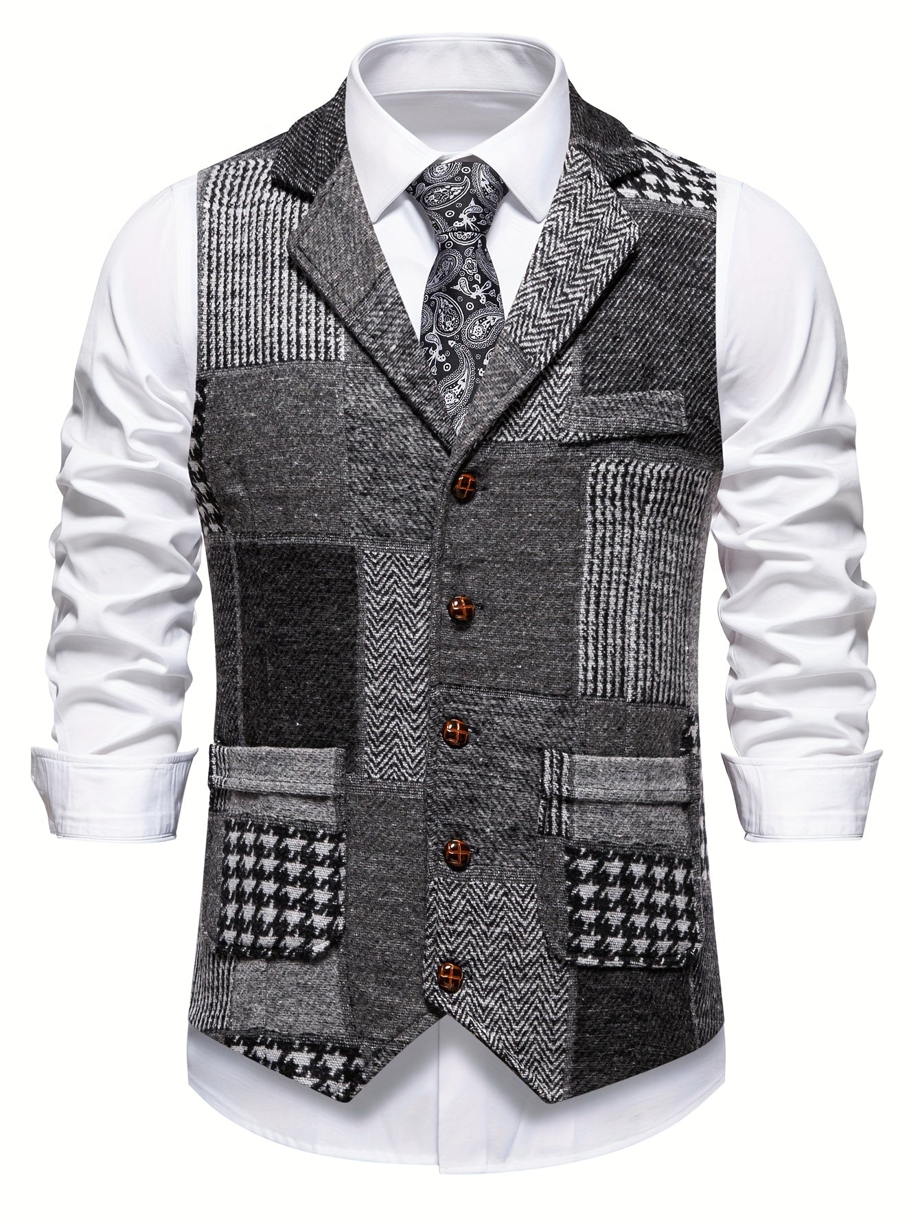 Patchwork Suit Vest Men Vintage Tweed Waistcoat