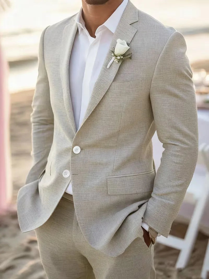 Slim Fit Linen Suit Set Men Linen Tailored Blazer Coordinated Trouser Summer Formal
