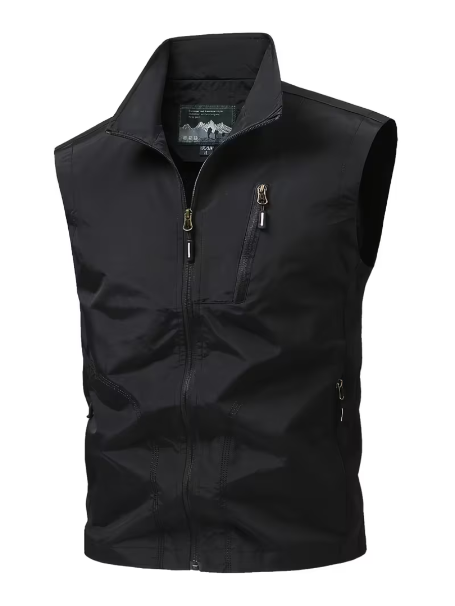 Men's Zip Gilet with Stand Collar and Multiple Pockets