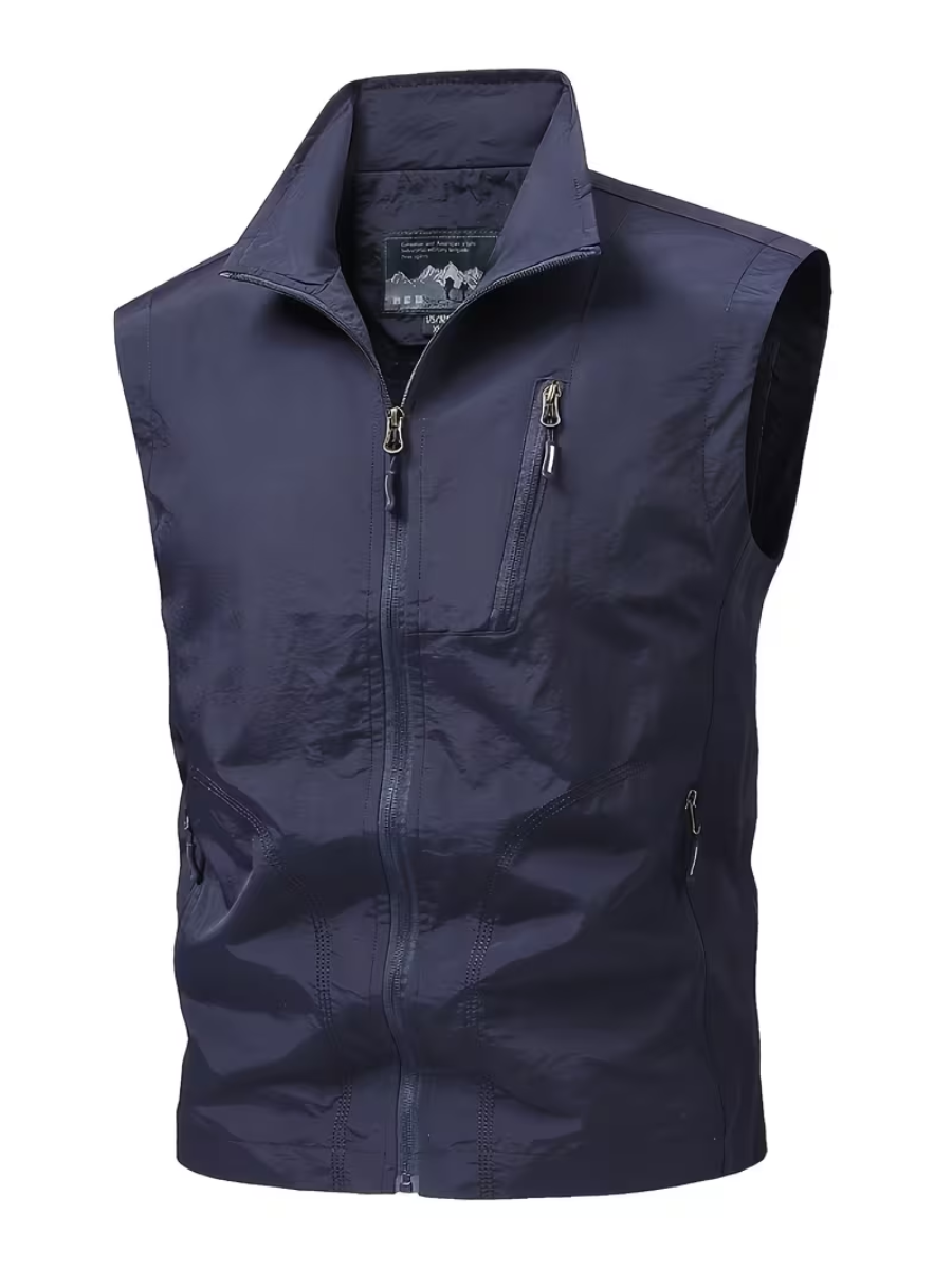 Men's Zip Gilet with Stand Collar and Multiple Pockets
