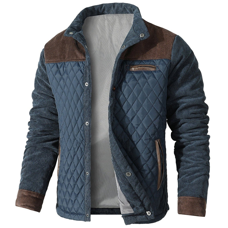 Men's Diamond Quilted Jacket Stand Collar with Corduroy-Look Trim