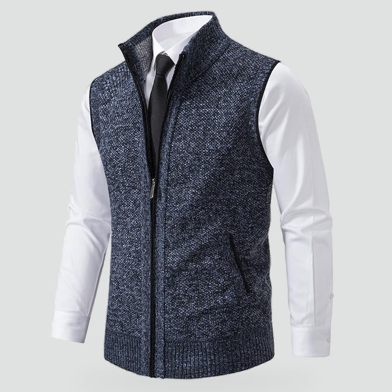 Men's Knitted Gilet with Stand Collar and Zip Front