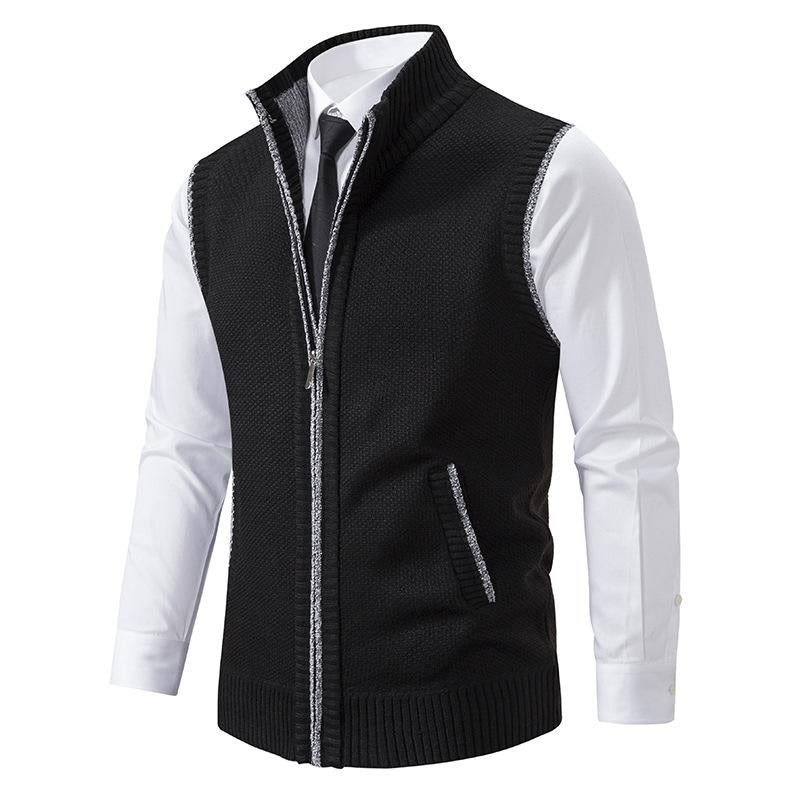 Men's Knitted Gilet with Stand Collar and Zip Front