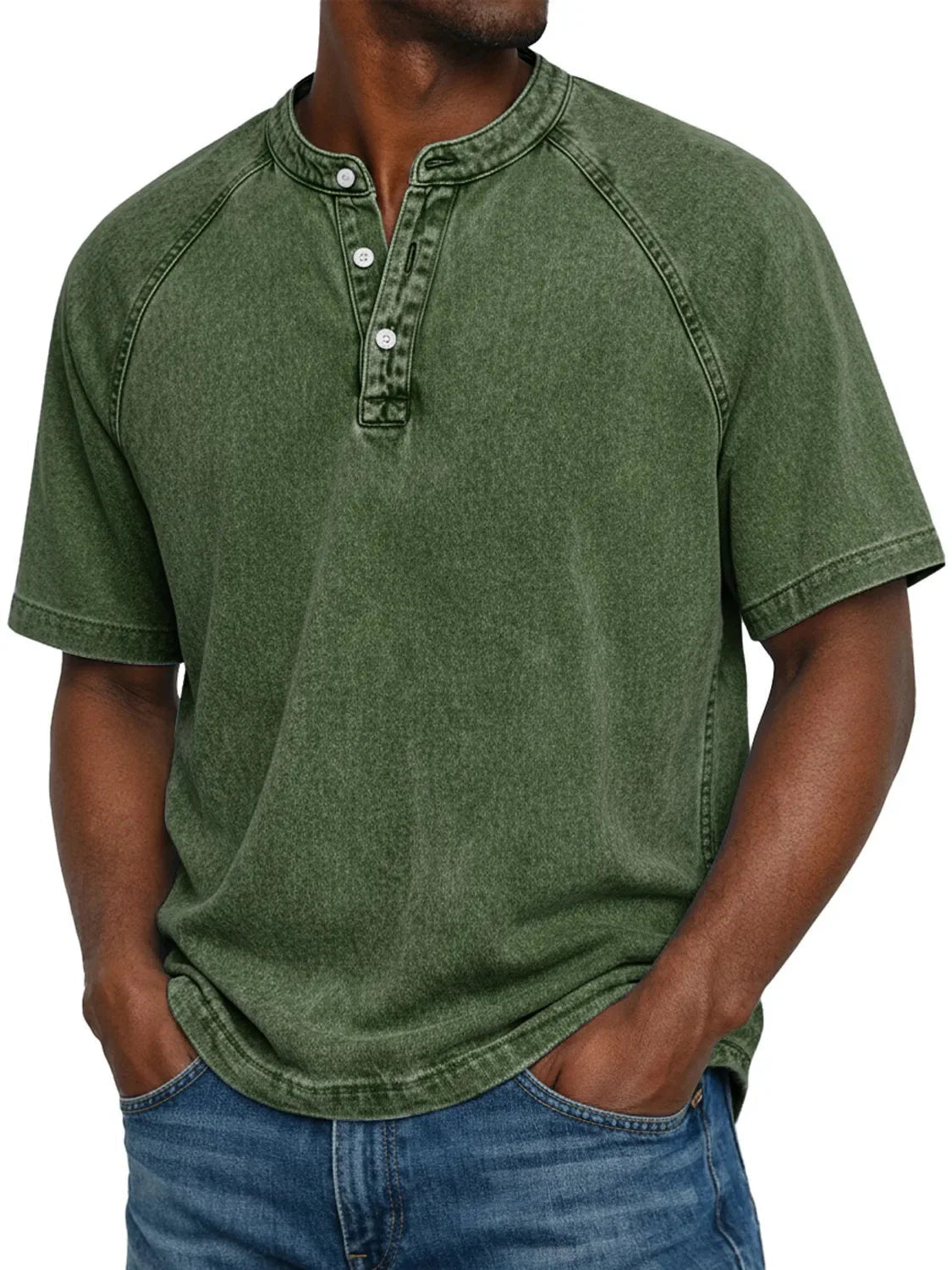 Men's Washed Cotton Henley Raglan Sleeve