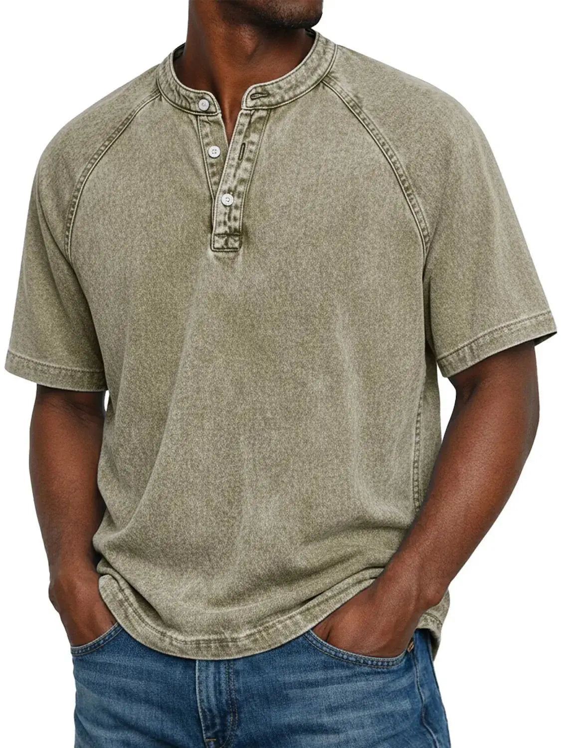Men's Washed Cotton Henley Raglan Sleeve