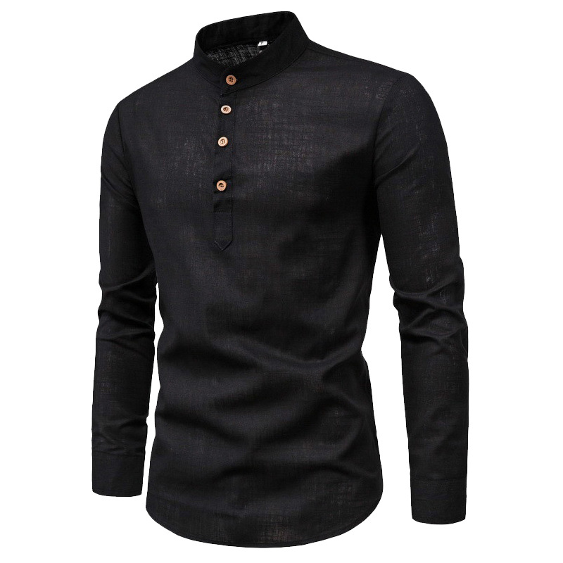 Men's Long Sleeve Grandad Collar Shirt with Button Placket