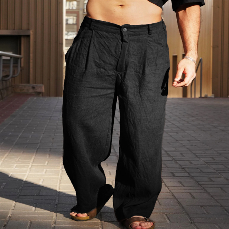 Men's Wide Leg Linen Trousers Pleated Front Button Closure