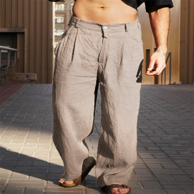 Men's Wide Leg Linen Trousers Pleated Front Button Closure