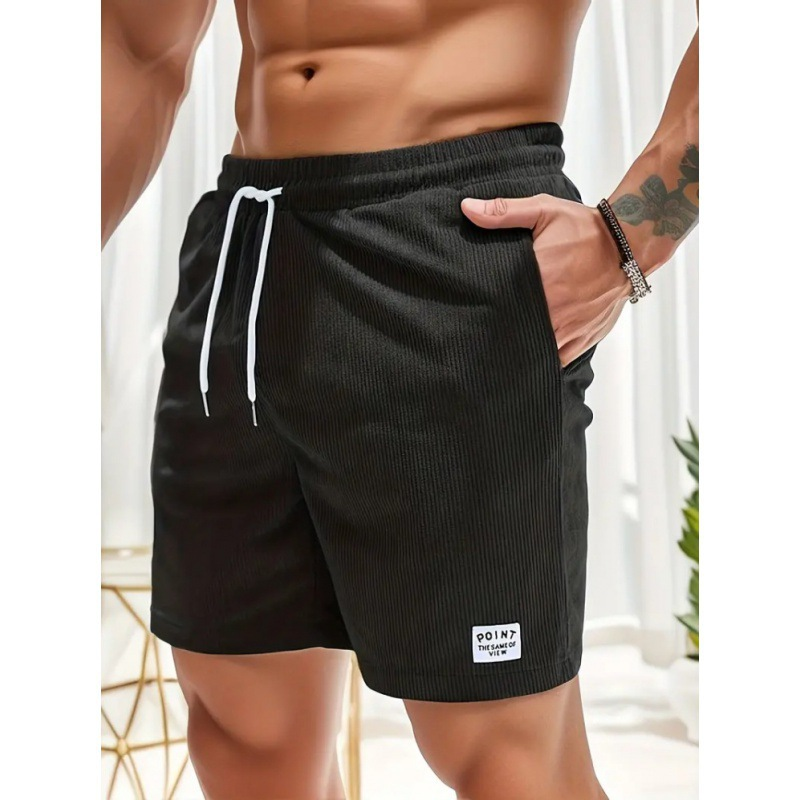 Ribbed Drawstring Shorts Men Cotton Blend Relaxed Fit Mid Thigh Front Pocket Casual