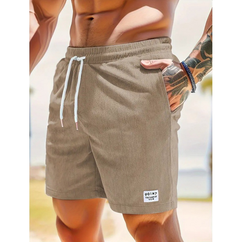 Ribbed Drawstring Shorts Men Cotton Blend Relaxed Fit Mid Thigh Front Pocket Casual