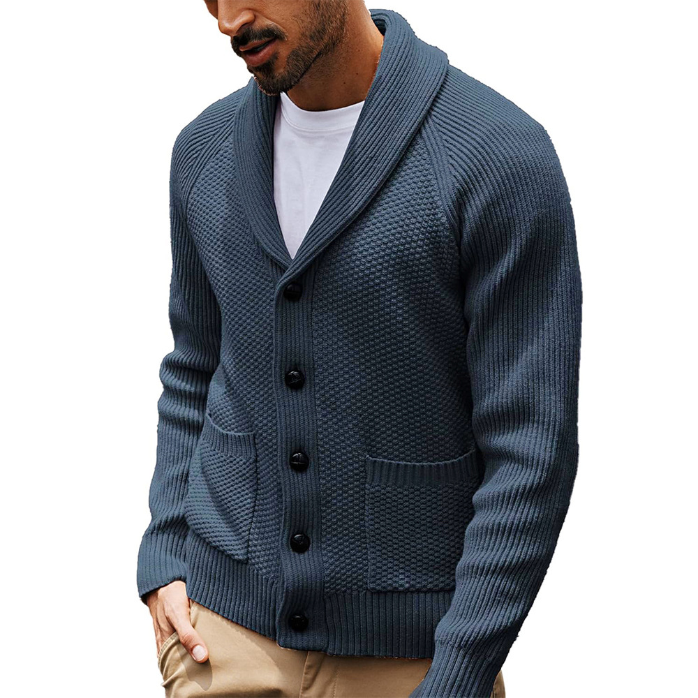 Men's Shawl Collar Open Front Cardigan Knit Sweater with Flap Pockets