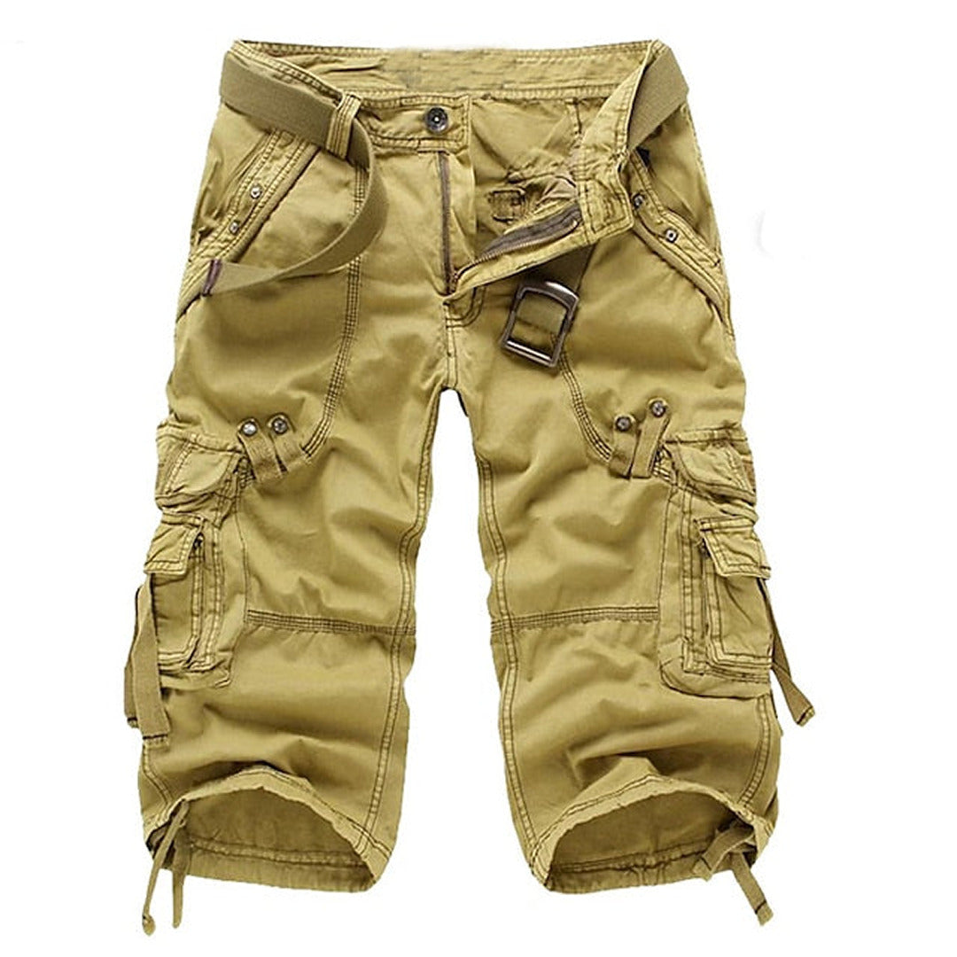 Shorts cargo pour hommes en mélange de coton, coupe ajustée, poche à rabat, poche passepoilée arrière, été