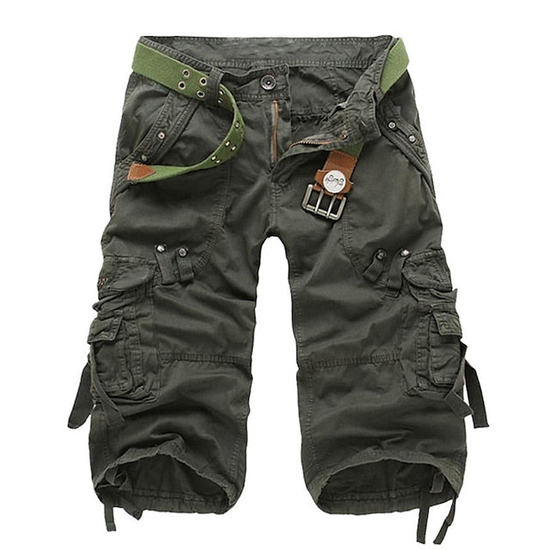 Shorts cargo pour hommes en mélange de coton, coupe ajustée, poche à rabat, poche passepoilée arrière, été
