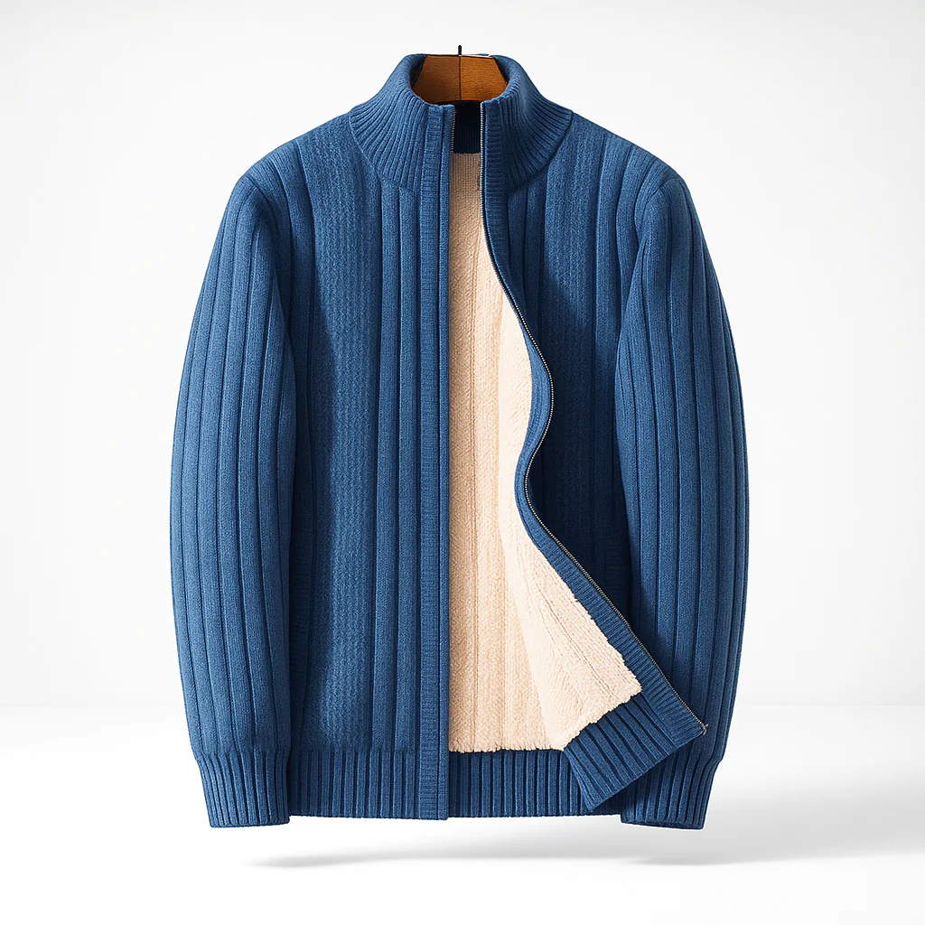 Menâs Full Zip Ribbed Cardigan with Stand Collar and Soft-Lined Interior